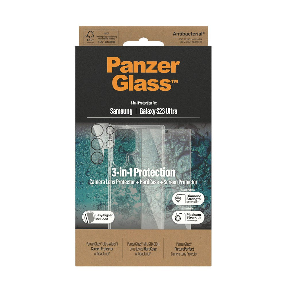 PanzerGlass Samsung Galaxy S23 Ultra 3-i-1 Bundle m. EasyAligner - Skærmbeskyttelse (UWF) / Bagsidecover / Kamerabeskyttelse - Gennemsigtig