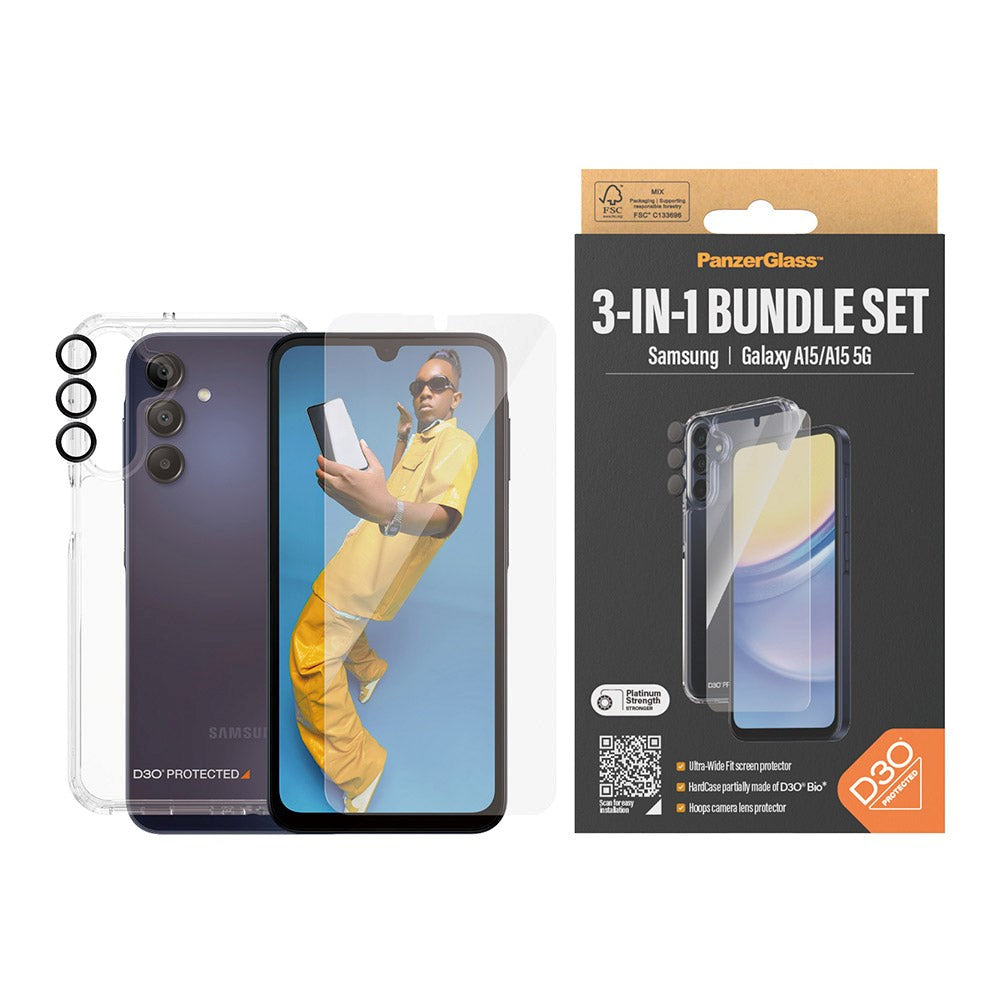 PanzerGlass Samsung Galaxy A15 / A15 (5G) 3-i-1 Bundle m. EasyAligner - Skærmbeskyttelse (UWF) / D3O Bio Hardcase Cover / Hoops Kamerabeskyttelse - Gennemsigtig / Sort
