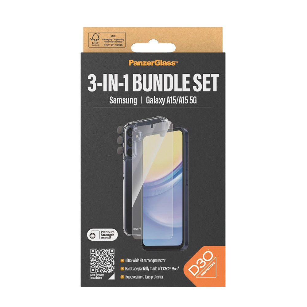 PanzerGlass Samsung Galaxy A15 / A15 (5G) 3-i-1 Bundle m. EasyAligner - Skærmbeskyttelse (UWF) / D3O Bio Hardcase Cover / Hoops Kamerabeskyttelse - Gennemsigtig / Sort