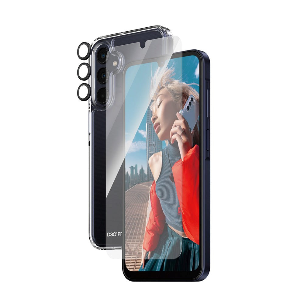 PanzerGlass Samsung Galaxy A25 (5G) 3-i-1 Bundle m. EasyAligner - Skærmbeskyttelse (UWF) / D3O Bio Hardcase Cover / Hoops Kamerabeskyttelse - Gennemsigtig / Sort