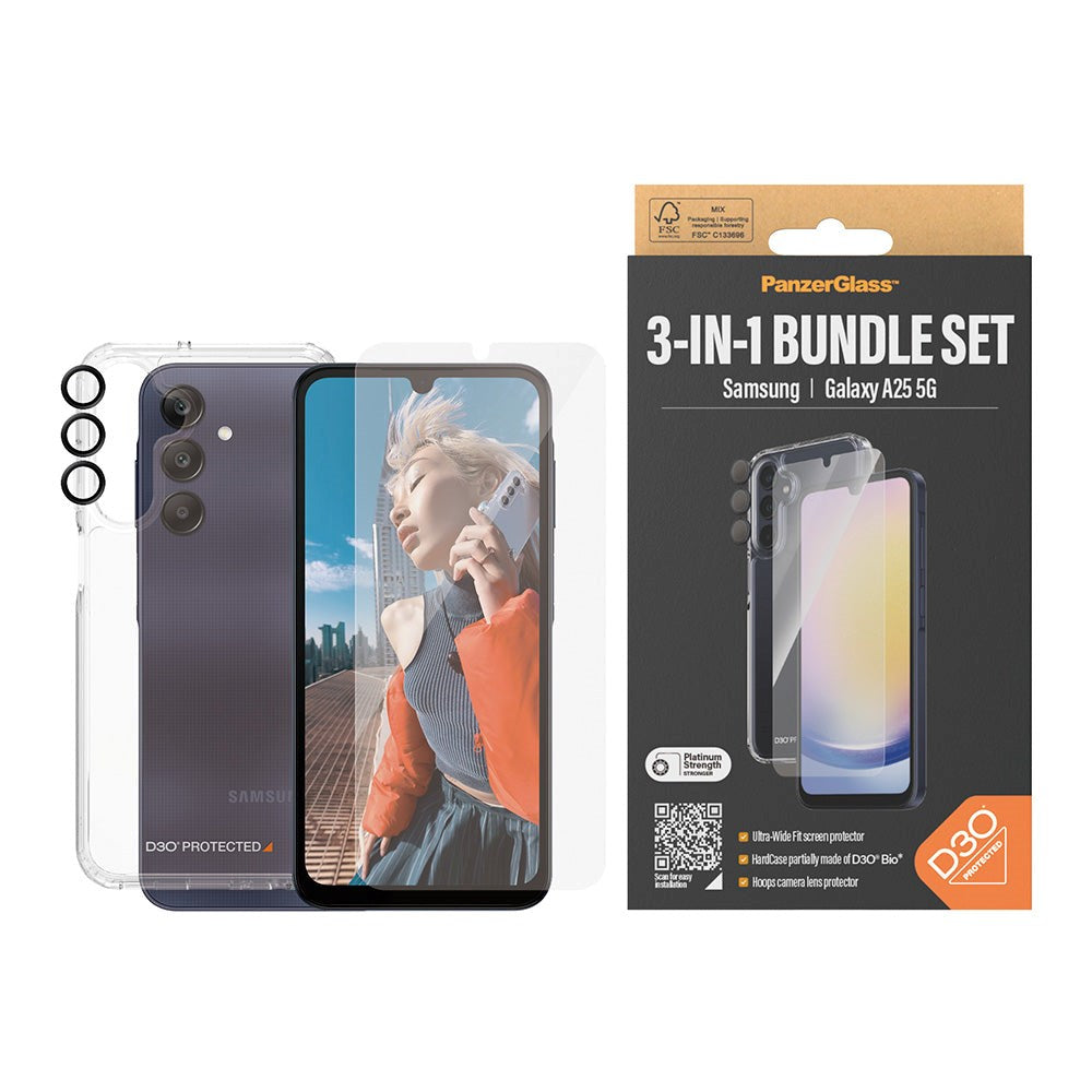 PanzerGlass Samsung Galaxy A25 (5G) 3-i-1 Bundle m. EasyAligner - Skærmbeskyttelse (UWF) / D3O Bio Hardcase Cover / Hoops Kamerabeskyttelse - Gennemsigtig / Sort