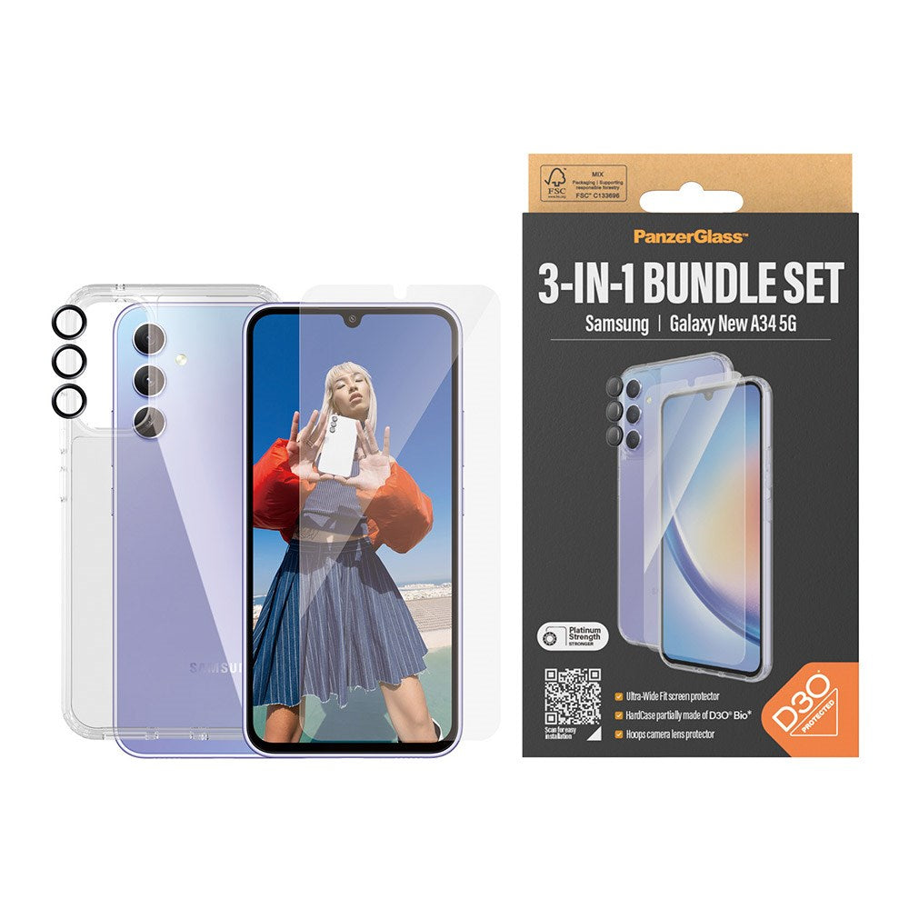 PanzerGlass Samsung Galaxy A35 (5G) 3-i-1 Bundle m. EasyAligner - Skærmbeskyttelse (UWF) / D3O Bio Hardcase Cover / Hoops Kamerabeskyttelse - Gennemsigtig / Sort