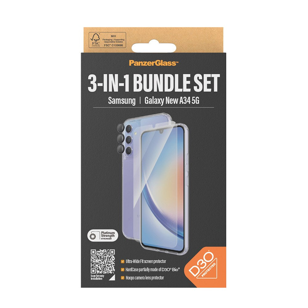 PanzerGlass Samsung Galaxy A35 (5G) 3-i-1 Bundle m. EasyAligner - Skærmbeskyttelse (UWF) / D3O Bio Hardcase Cover / Hoops Kamerabeskyttelse - Gennemsigtig / Sort