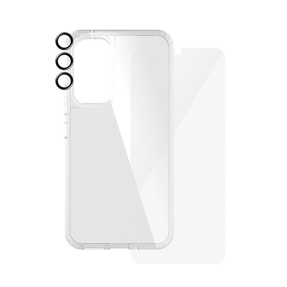 PanzerGlass Samsung Galaxy A55 (5G) 3-i-1 Bundle m. EasyAligner - Skærmbeskyttelse (UWF) / D3O Bio Hardcase Cover / Hoops Kamerabeskyttelse - Gennemsigtig / Sort