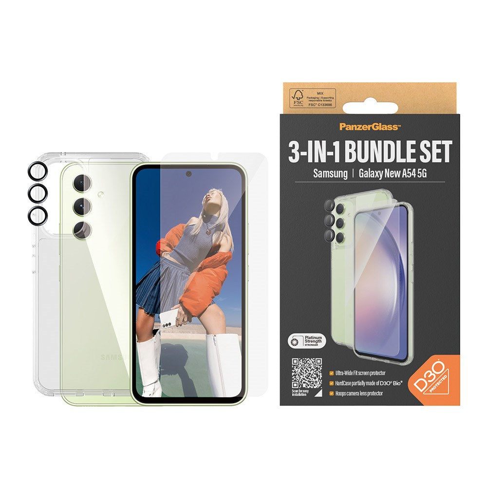 PanzerGlass Samsung Galaxy A55 (5G) 3-i-1 Bundle m. EasyAligner - Skærmbeskyttelse (UWF) / D3O Bio Hardcase Cover / Hoops Kamerabeskyttelse - Gennemsigtig / Sort
