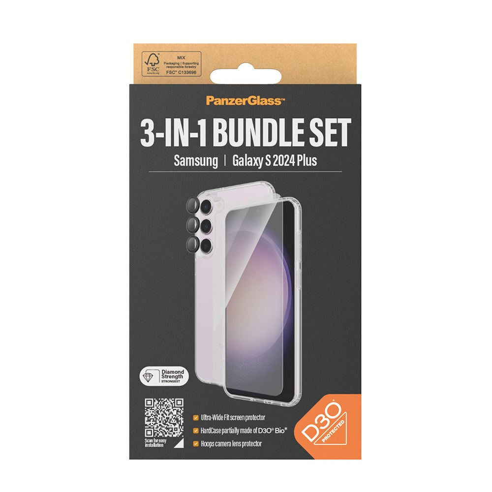 PanzerGlass Samsung Galaxy S24+ (Plus) 3-i-1 Bundle m. EasyAligner - Skærmbeskyttelse (UWF) / D3O Bio Hardcase Cover / Hoops Kamerabeskyttelse - Gennemsigtig / Sort