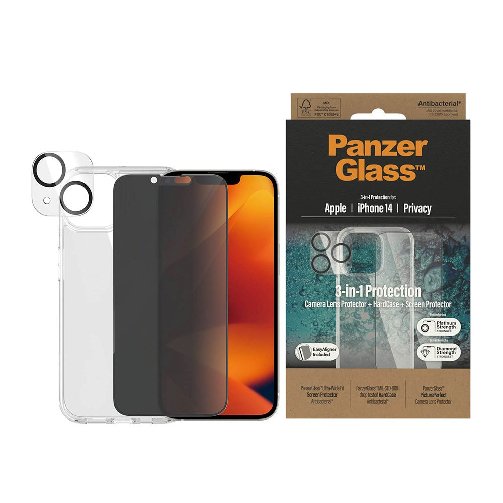 PanzerGlass iPhone 14 3-i-1 Bundle m. EasyAligner - Privacy Skærmbeskyttelse (UWF) / Bagsidecover / Kamerabeskyttelse - Gennemsigtig