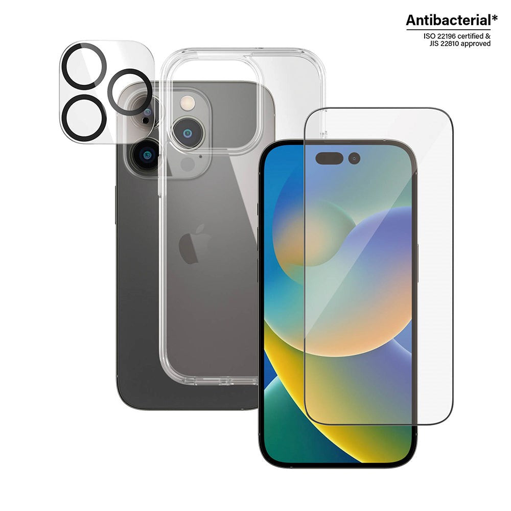 PanzerGlass iPhone 14 Pro 3-i-1 Bundle m. EasyAligner - Privacy Skærmbeskyttelse (UWF) / Bagsidecover / Kamerabeskyttelse - Gennemsigtig