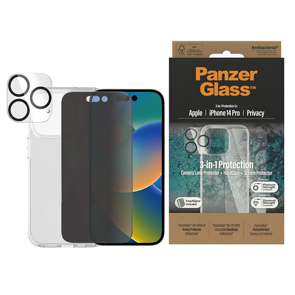 PanzerGlass iPhone 14 Pro 3-i-1 Bundle m. EasyAligner - Privacy Skærmbeskyttelse (UWF) / Bagsidecover / Kamerabeskyttelse - Gennemsigtig