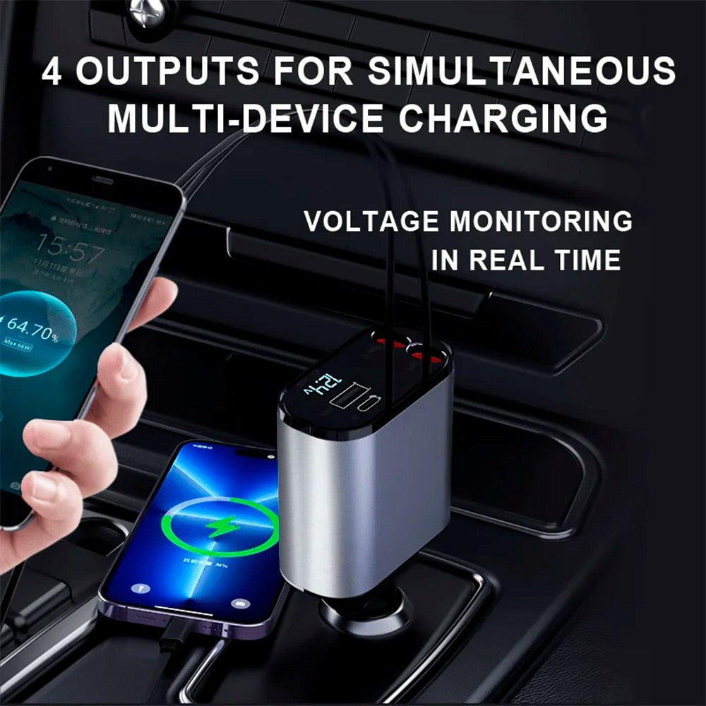 Biloplader 60W Zmartgear 4-i-1 m. Udtrækkelig Lightning Kabel & USB-C - USB-C & USB-A Port - Sort