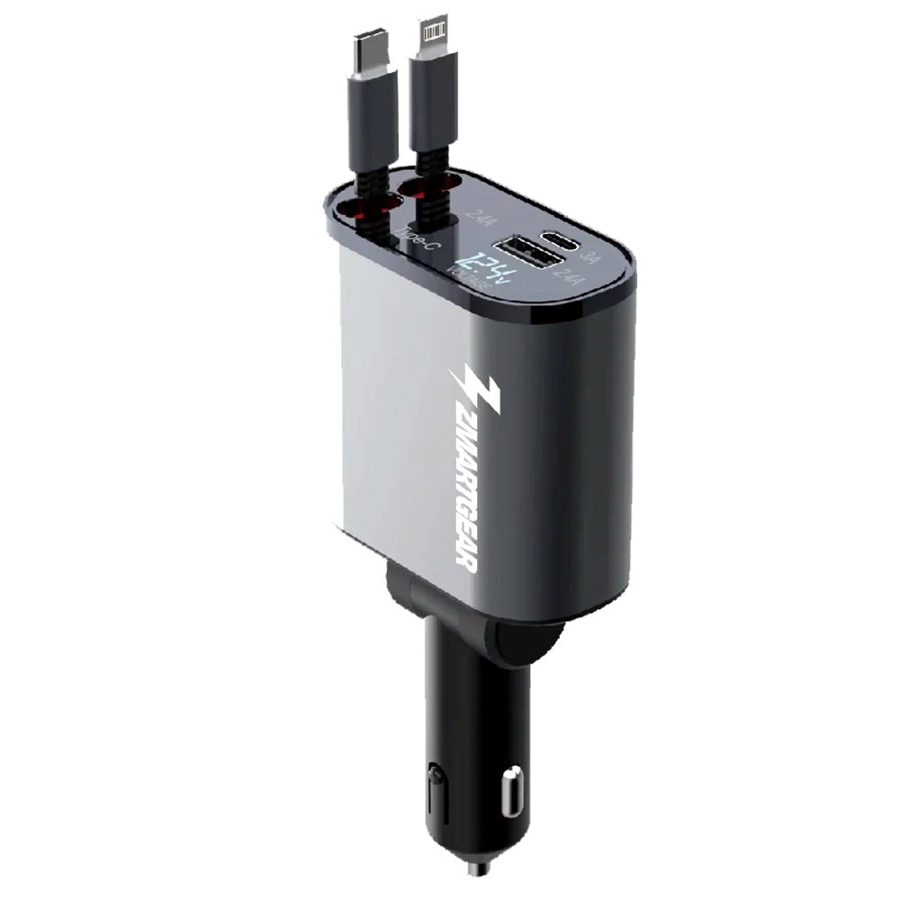 Biloplader 60W Zmartgear 4-i-1 m. Udtrækkelig Lightning Kabel & USB-C - USB-C & USB-A Port - Sort