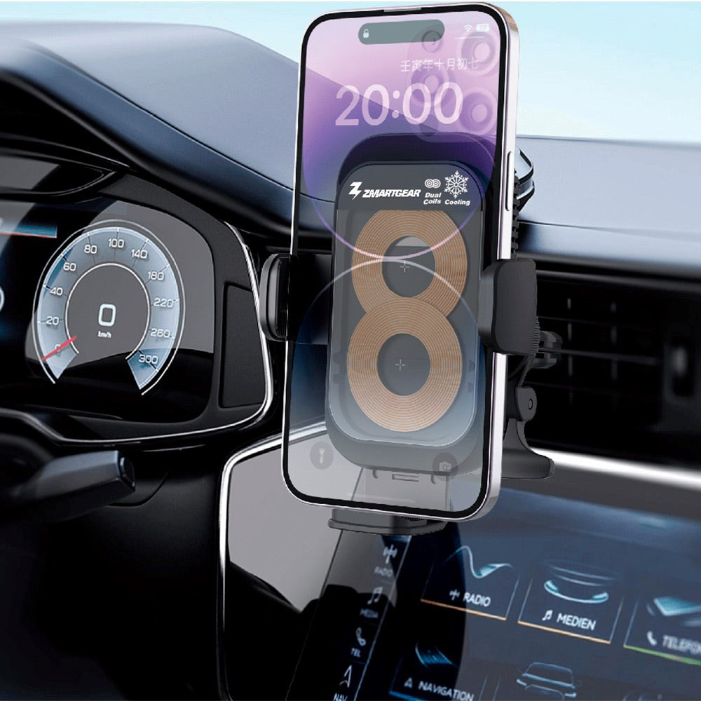 Zmartgear Mobilholder m. Trådløs Oplader 15W - Køleplade & Sensor Lukkemekanisme - Max Mobil: 60 x 90mm - Sort