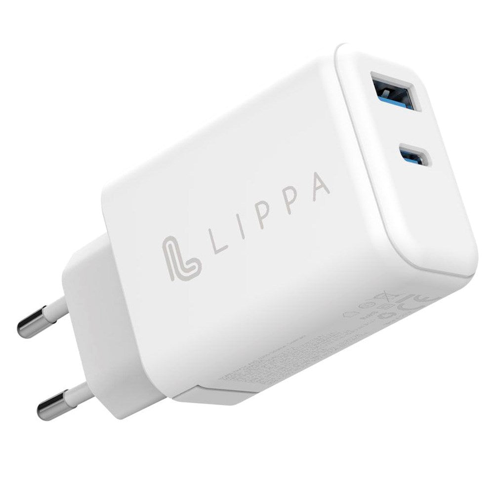 Lippa Vægoplader 65W PD GaN m. 1 x USB-C & 1 x USB-A - Hvid