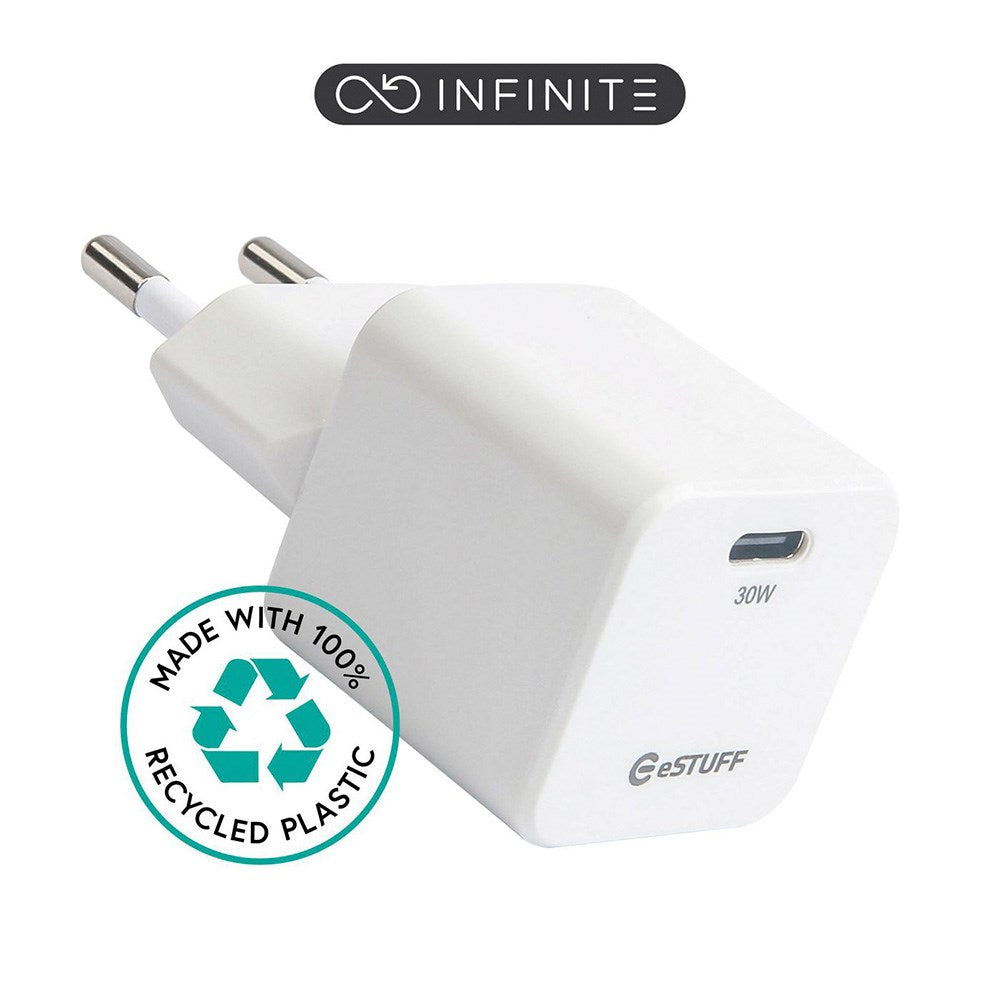 eSTUFF INFINITE PD USB-C Vægoplader GaN 30W- 100% Genbrugsplastik - Hvid