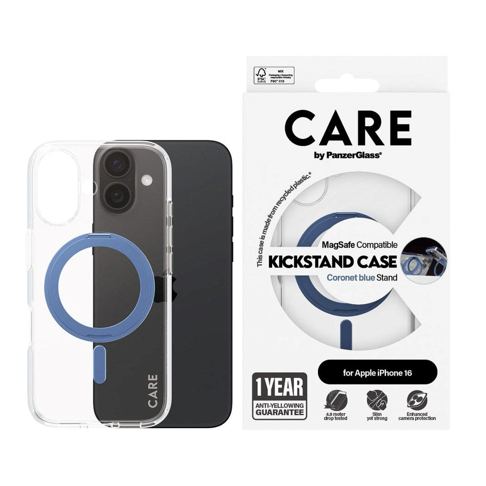 iPhone 16 CARE by PanzerGlass Feature Kickstand Case - MagSafe Kompatibel - Transparent / Coronet Blue