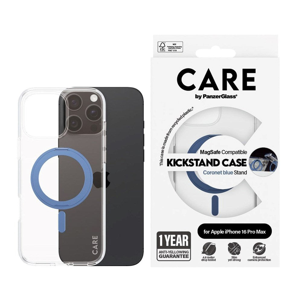 iPhone 16 Pro Max CARE by PanzerGlass Feature Kickstand Case - MagSafe Kompatibel - Transparent / Coronet Blue