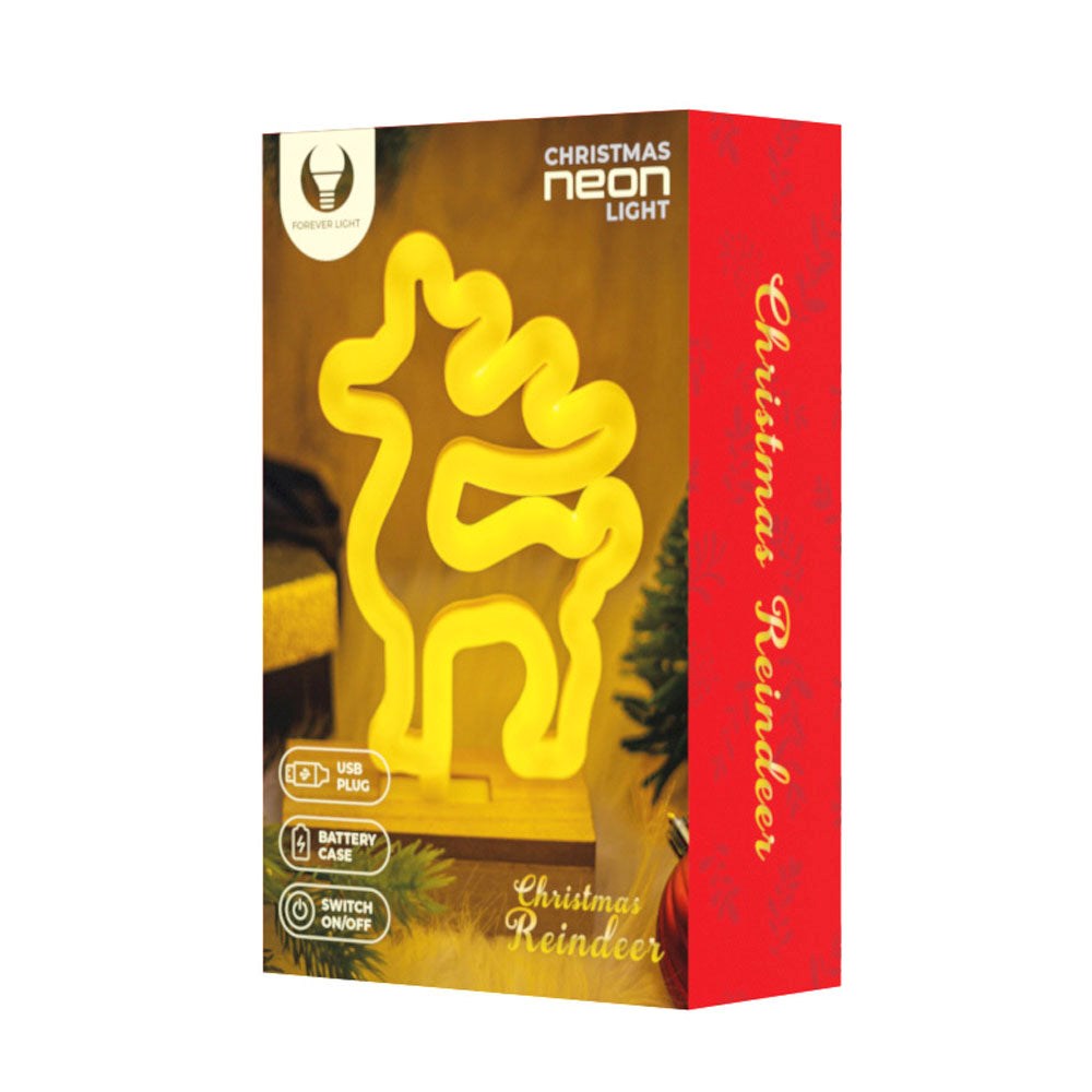 Neon Jule Dekoration m. Træfod LED fra Forever Light - Varmt Hvidt Lys m. Rensdyr