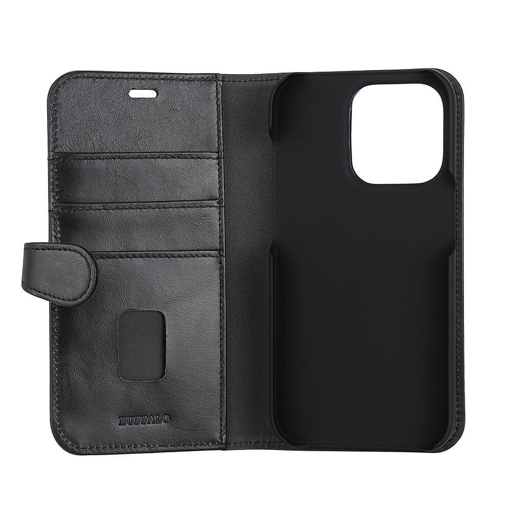 Buffalo iPhone 14 Pro Wallet Ægte Læder Magnet Flip Cover m. Pung - Sort