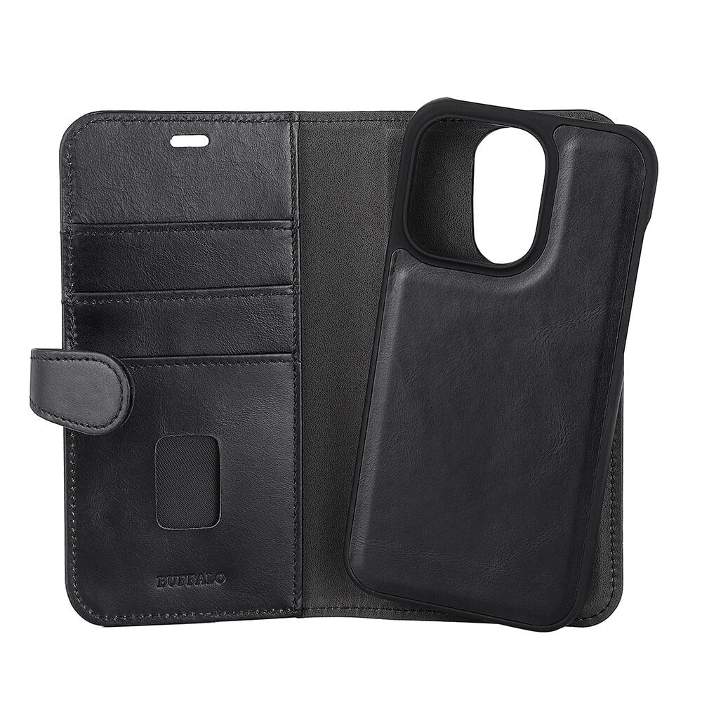 Buffalo iPhone 14 Pro Wallet Ægte Læder Magnet Flip Cover m. Pung - Sort
