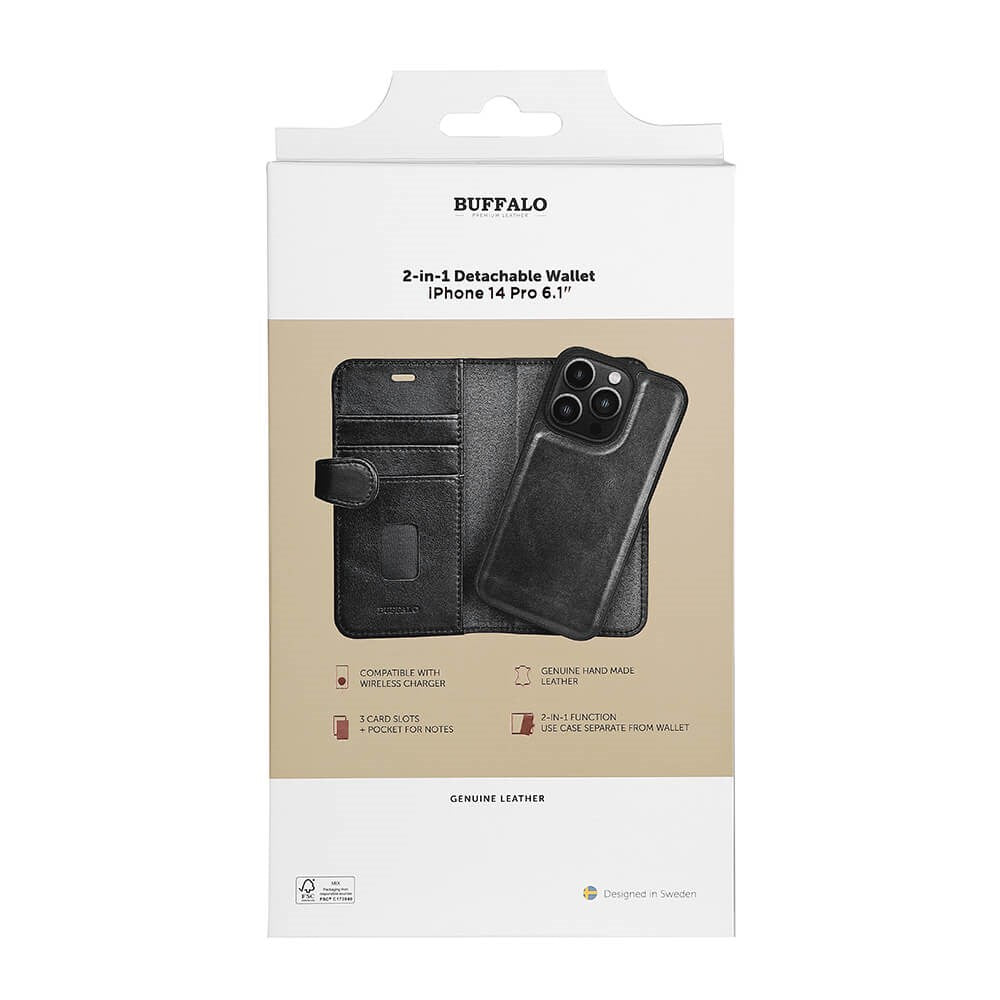 Buffalo iPhone 14 Pro Wallet Ægte Læder Magnet Flip Cover m. Pung - Sort