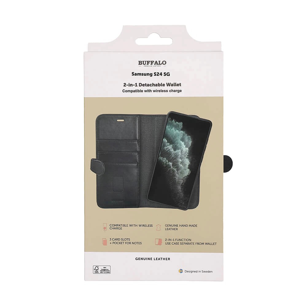 GEAR Buffalo Samsung Galaxy S24 2-in-1 Wallet Ægte Læder Magnet Flip Cover m. Pung - Sort