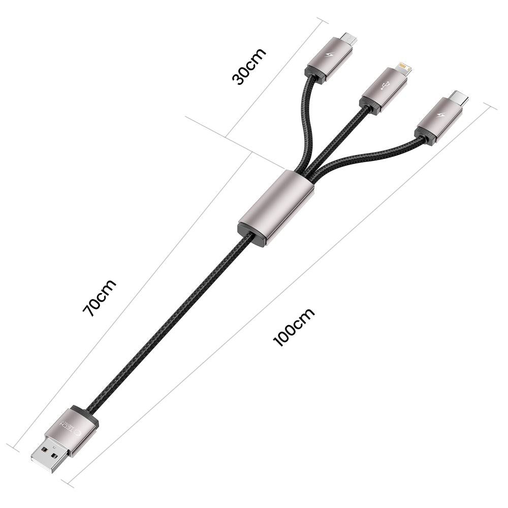 Tech-Protect Ultraboost 3-i-1 Kabel 3.5A m. Lightning / USB-C / Micro-USB - 1 m. - Grå