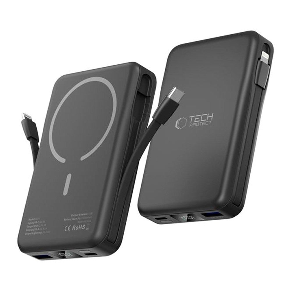 Tech-Protect LifeMag MagSafe PowerBank 10.000mAh m. Integreret USB-C- og Lightning Kabel & USB-A- og USB-C Stik - Sort
