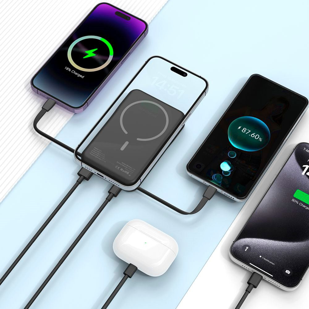 Tech-Protect LifeMag MagSafe PowerBank 10.000mAh m. Integreret USB-C- og Lightning Kabel & USB-A- og USB-C Stik - Sort