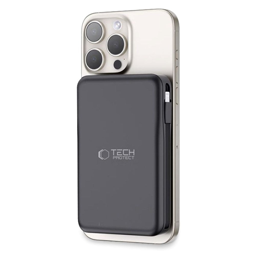 Tech-Protect LifeMag MagSafe PowerBank 10.000mAh m. Integreret USB-C- og Lightning Kabel & USB-A- og USB-C Stik - Sort