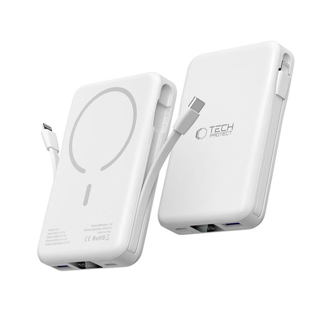 Tech-Protect LifeMag MagSafe PowerBank 10.000mAh m. Integreret USB-C- og Lightning Kabel & USB-A- og USB-C Stik - Hvid