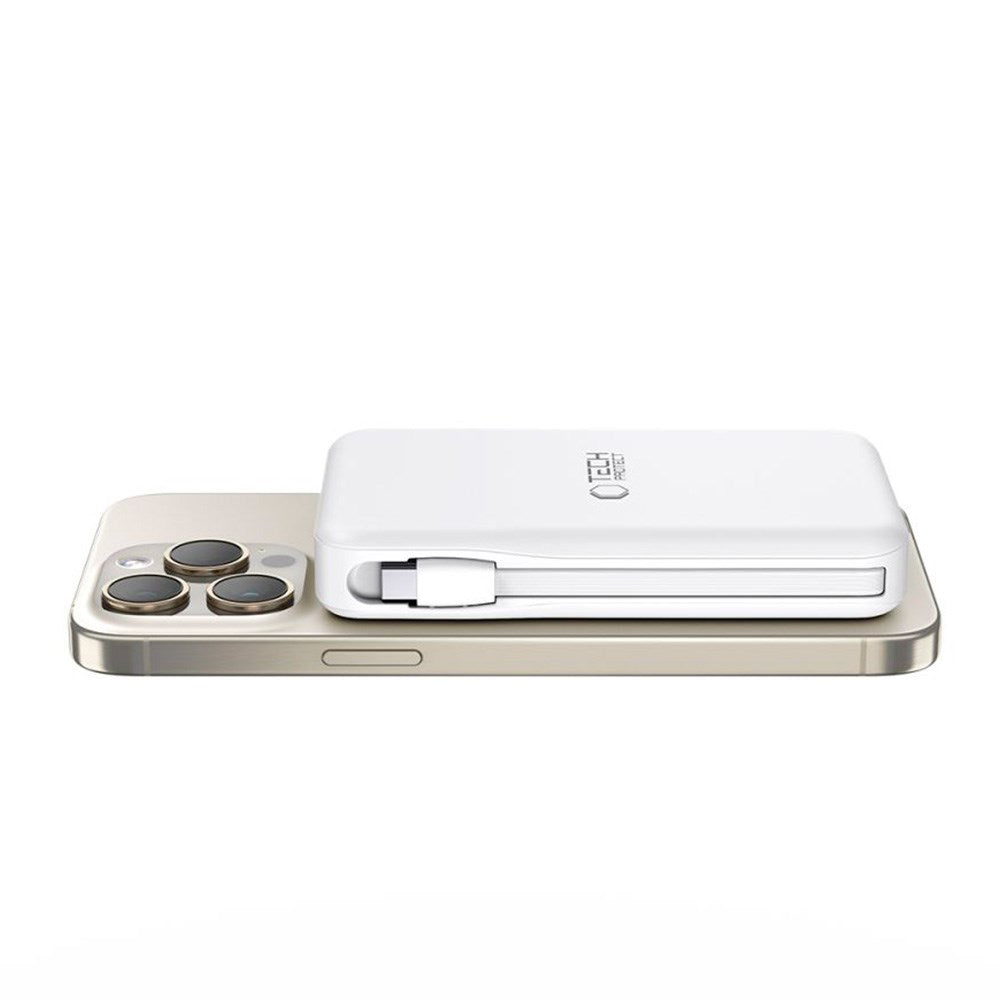Tech-Protect LifeMag MagSafe PowerBank 10.000mAh m. Integreret USB-C- og Lightning Kabel & USB-A- og USB-C Stik - Hvid