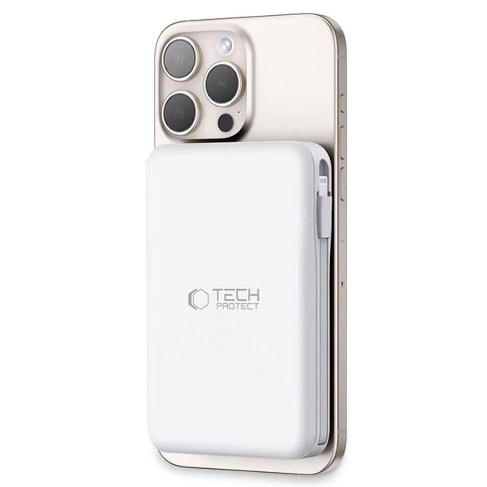 Tech-Protect LifeMag MagSafe PowerBank 10.000mAh m. Integreret USB-C- og Lightning Kabel & USB-A- og USB-C Stik - Hvid