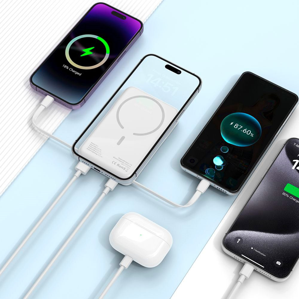 Tech-Protect LifeMag MagSafe PowerBank 10.000mAh m. Integreret USB-C- og Lightning Kabel & USB-A- og USB-C Stik - Hvid