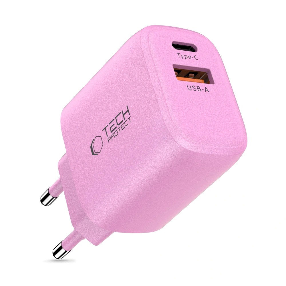 Tech-Protect Vægoplader m. 20W - 1 x USB-A (QC) & 1 x USB-C (PD) - Lyserød