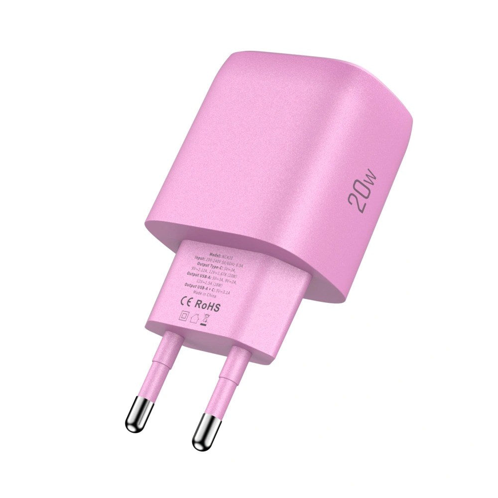 Tech-Protect Vægoplader m. 20W - 1 x USB-A (QC) & 1 x USB-C (PD) - Lyserød