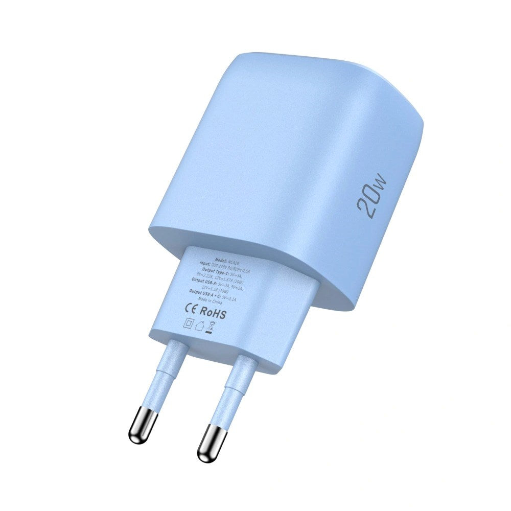 Tech-Protect Vægoplader m. 20W - 1 x USB-A (QC) & 1 x USB-C (PD) - Blå
