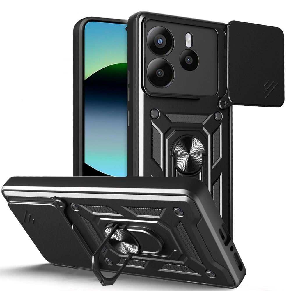 Xiaomi Redmi Note 14 (5G) Camshield m. Magnetisk Fingerring & Ståfunktion - Sort