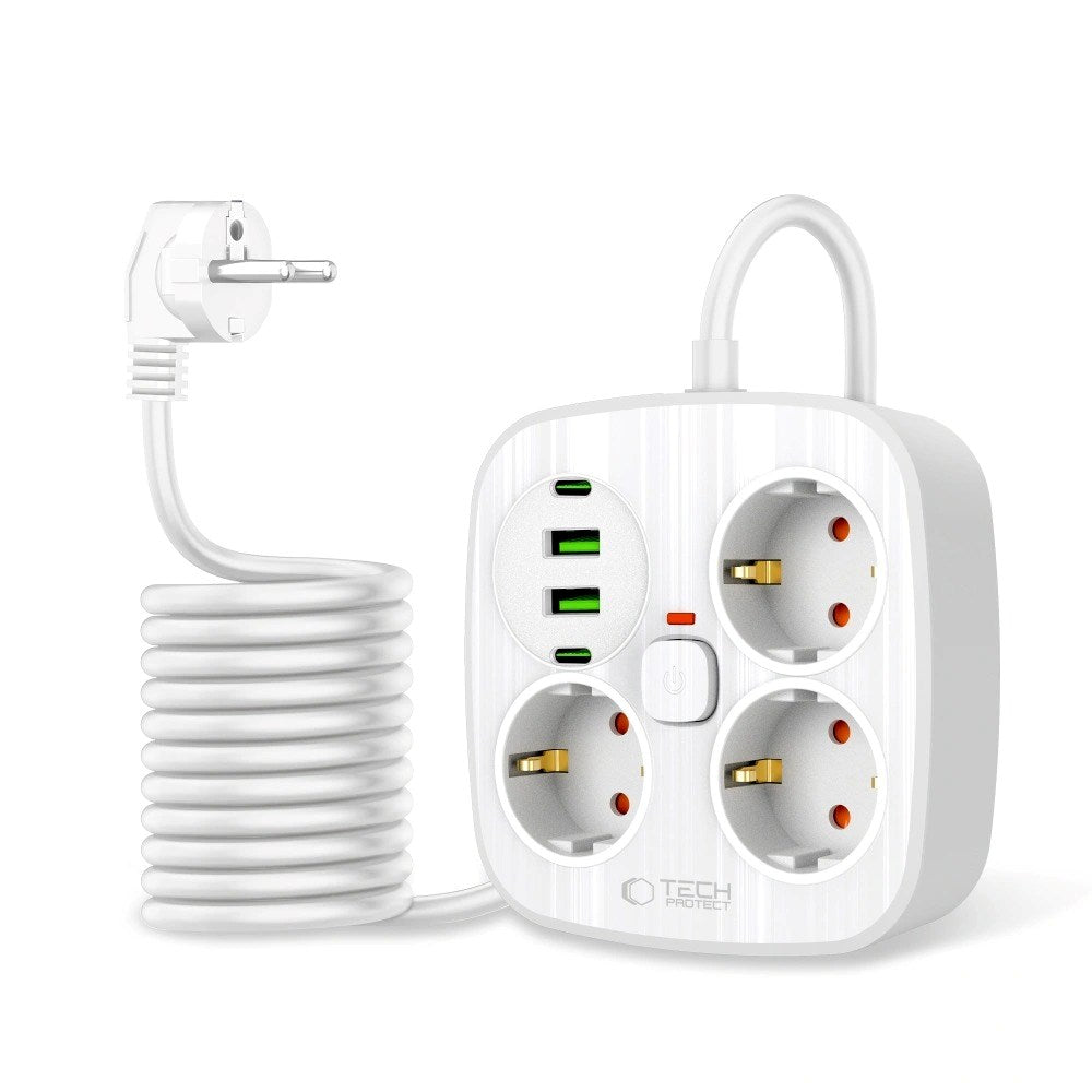 Tech-Protect Strømskinne m. 3 x Udtag / 2 x USB-A / 2 x USB-C (2m) - Hvid