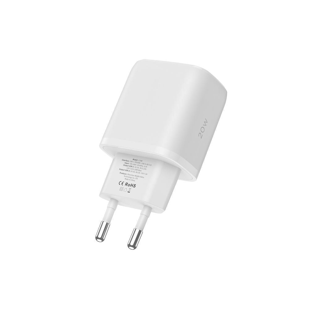 Tech-Protect 20W Vægoplader m. 1 x USB-C & 1 x USB-A - Power Delivery - Hvid