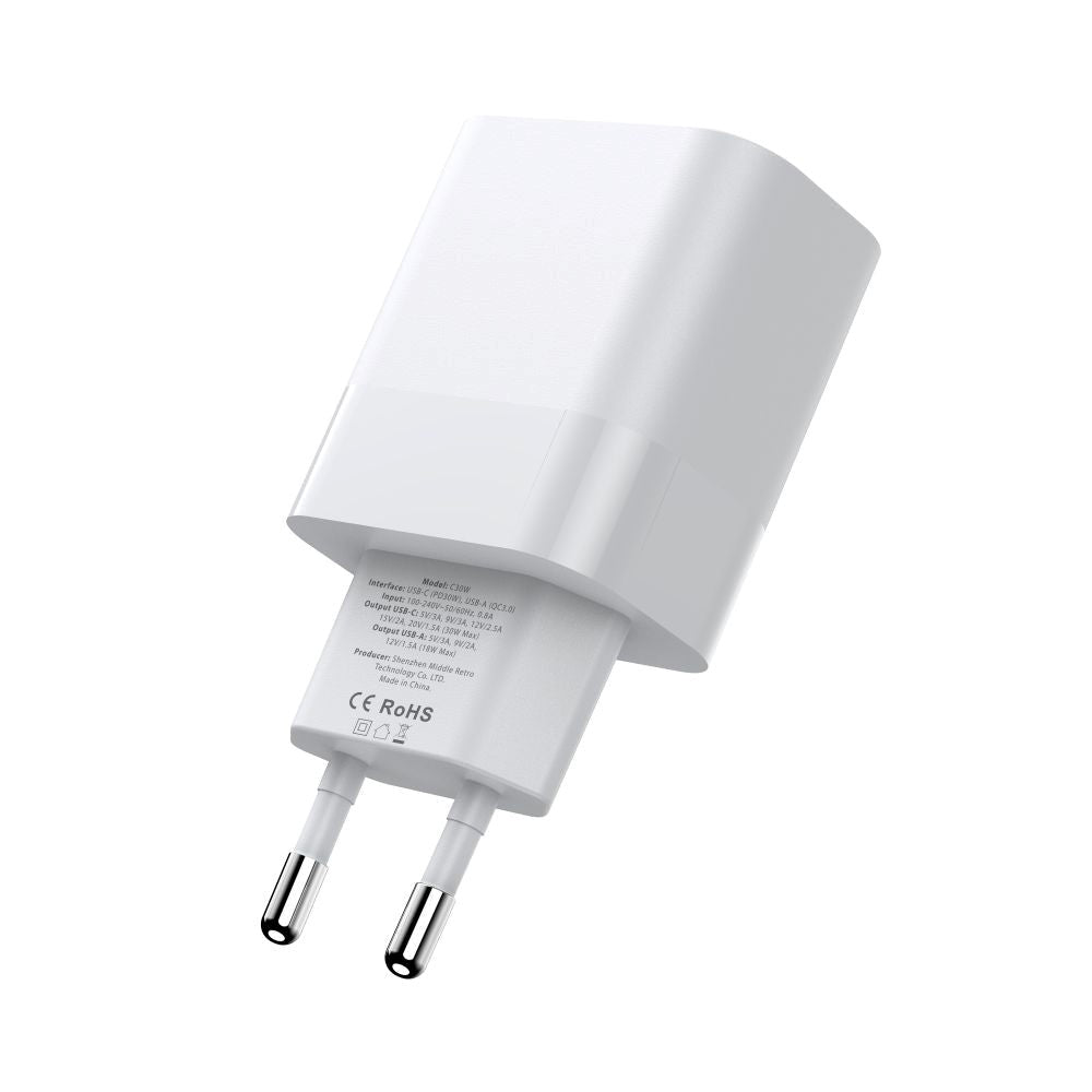 Tech-Protect 30W Vægoplader m. 1 x USB-C & 1 x USB-A - Hvid