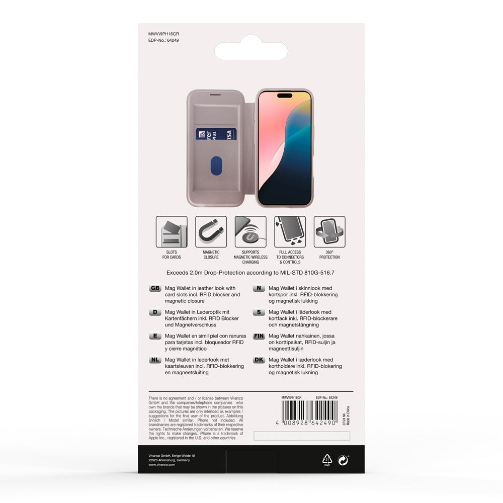 iPhone 16 Vivanco Classic Wallet Læder Flip Cover m. Pung - MagSafe Kompatibel - Greige