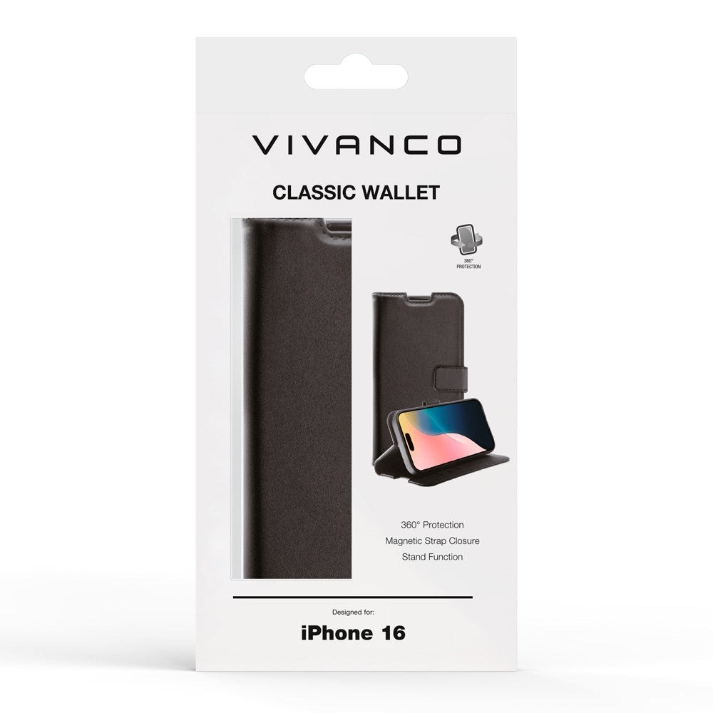 iPhone 16 Vivanco Classic Wallet Læder Flip Cover m. Pung - Sort