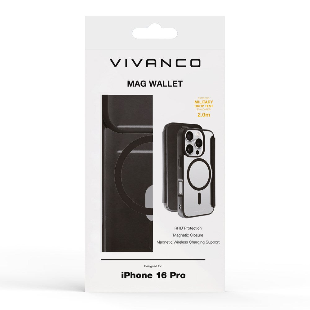 iPhone 16 Pro Vivanco Classic Wallet Læder Flip Cover m. Pung - MagSafe Kompatibel - Sort