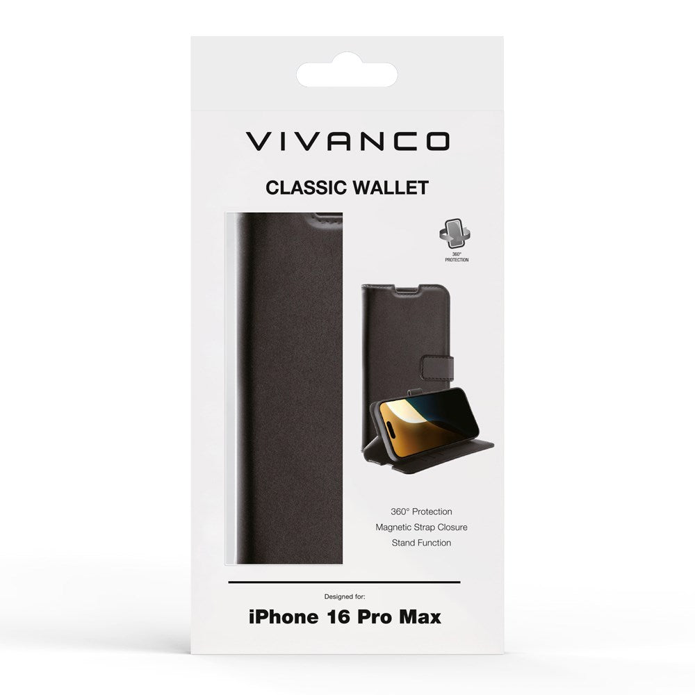 iPhone 16 Pro Max Vivanco Classic Wallet Læder Flip Cover m. Pung - Sort