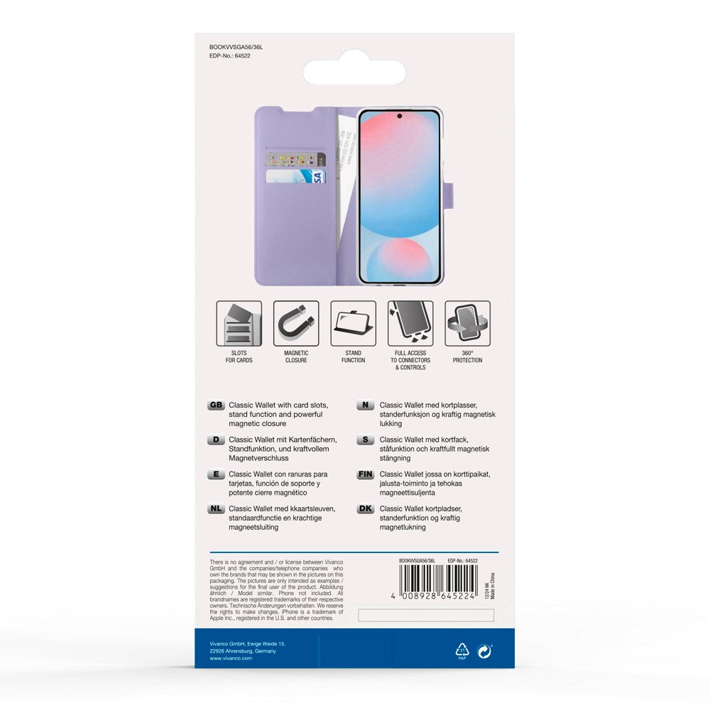 Samsung Galaxy A56 (5G) / A36 (5G) - Vivanco Classic Wallet Flip Cover - Pung - Lilla