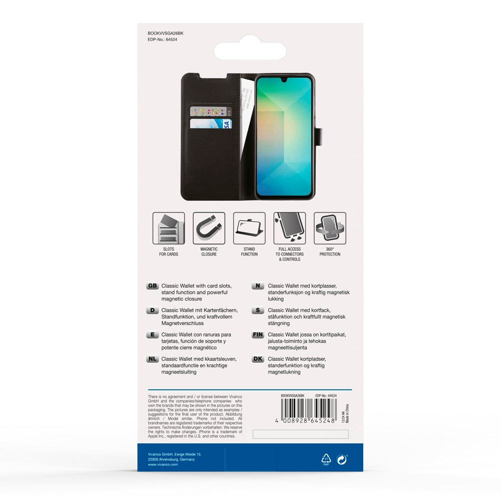 Samsung Galaxy A26 (5G) - Vivanco Classic Wallet Flip Cover - Pung - Sort