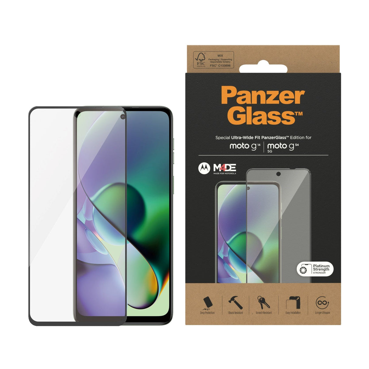 PanzerGlass Motorola Moto G14 / G54 Ultra Wide Fit Skærmbeskyttelsesglas - Platinum Strength - Sort Kant