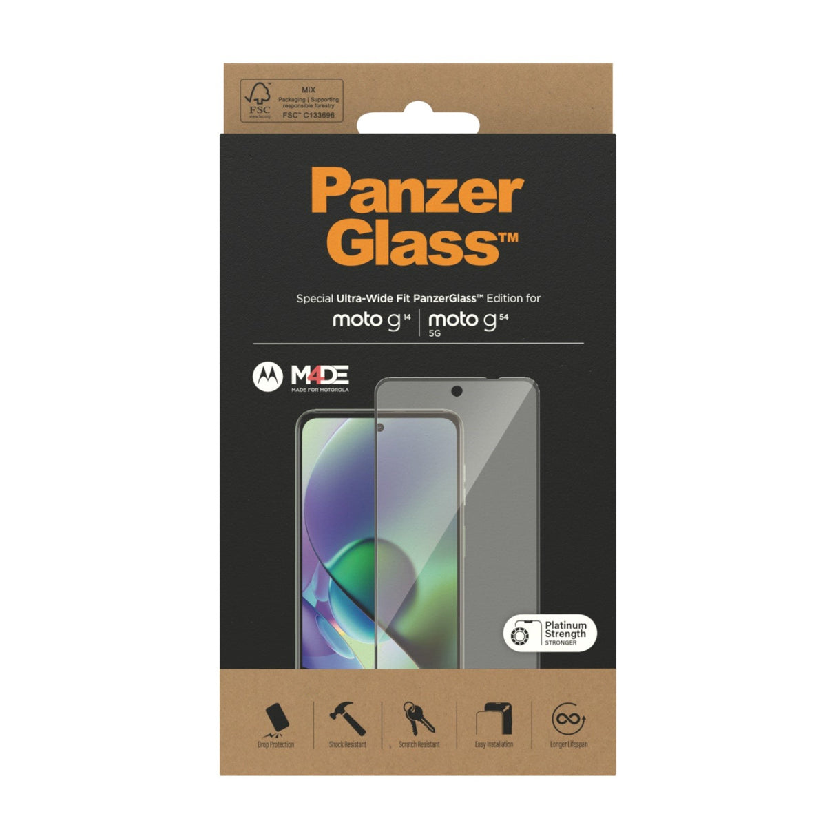 PanzerGlass Motorola Moto G14 / G54 Ultra Wide Fit Skærmbeskyttelsesglas - Platinum Strength - Sort Kant