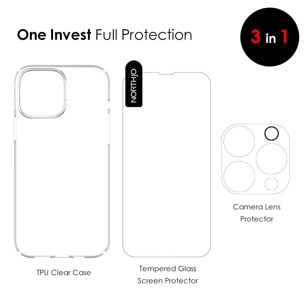 iPhone 13 Pro Max NORTHJO 360° Protection Set inkl. Cover & Skærmbeskyttelse & Kameralinsebeskyttelse - Gennemsigtig
