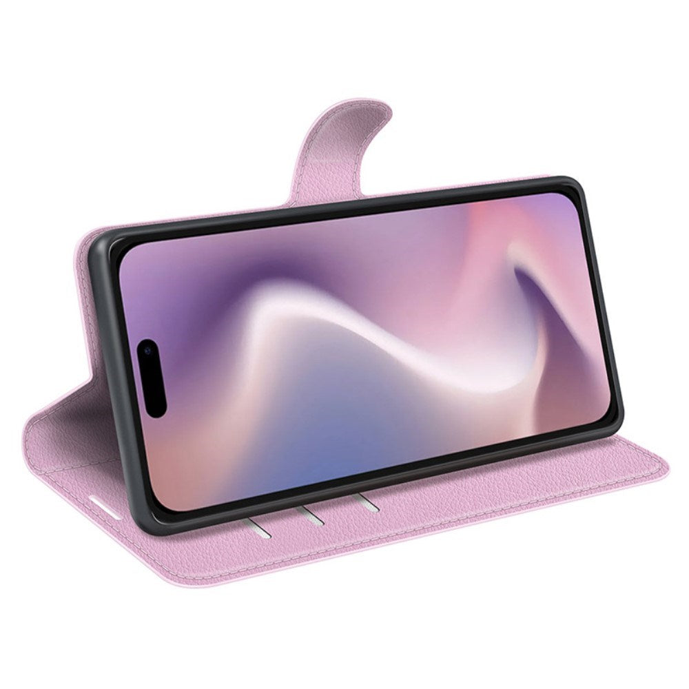 EIDERWOOD iPhone 16 Plus Litchi Læder Mobil Cover m. Pung - Lyserød